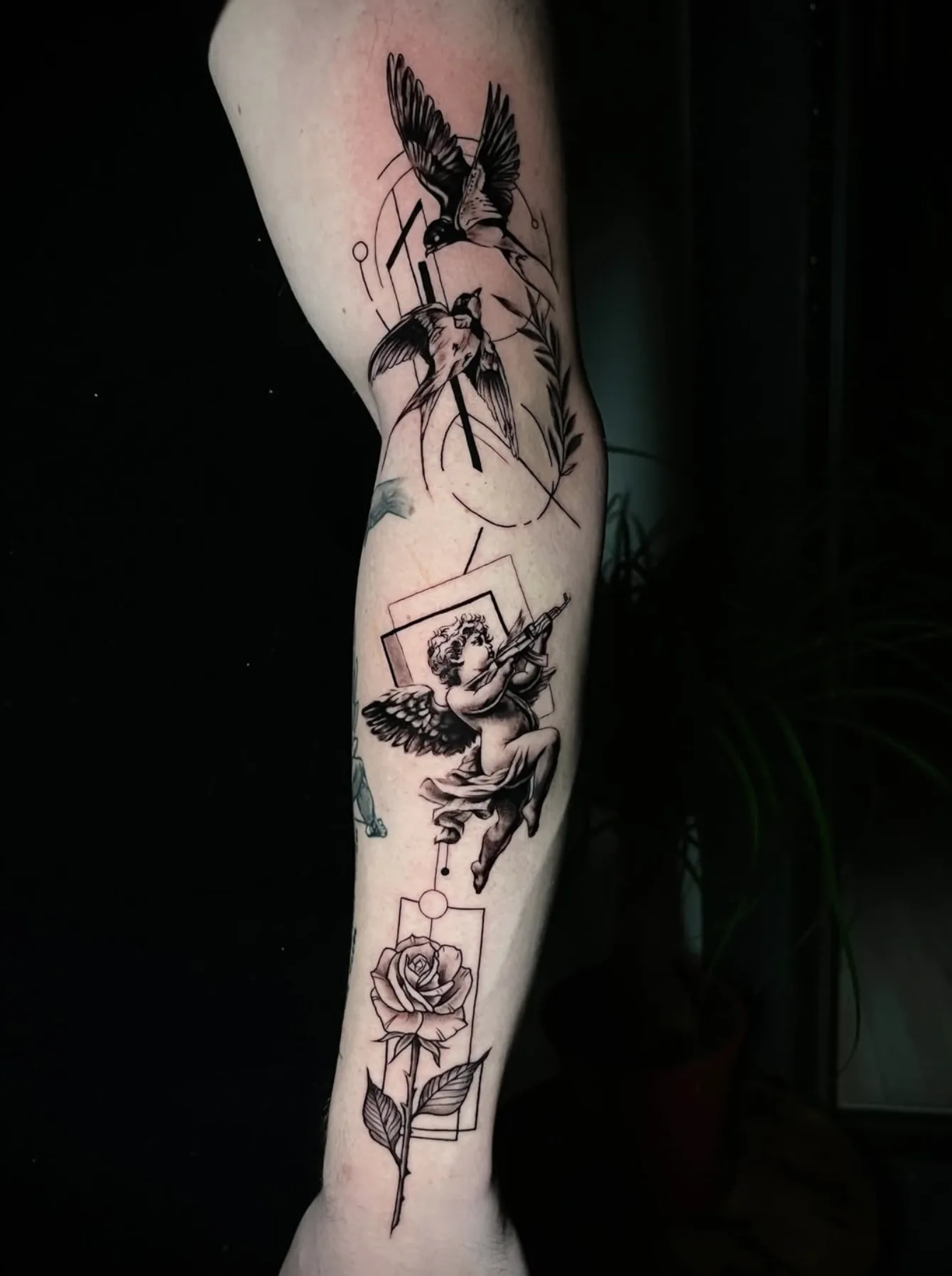 Vögel, Engel und Rose, Blackwork-Fineline-Sleeve